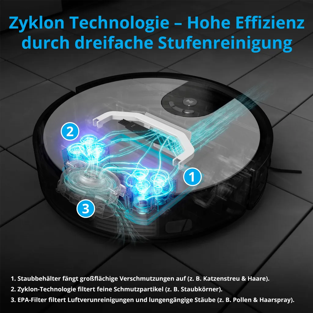 MEDION Saugroboter Mit Wischfunktion Und Zyklon Technologie S20 SW (Alexa App Steuerung, Modell 2021, Extra Flach, Regulierbare Wasserabgabe, Ladestation, Tierhaar Allergiker Optimiert) 6 MEDION Saugroboter Mit Wischfunktion Und Zyklon Technologie S20 SW (Alexa App Steuerung, Modell 2021, Extra Flach, Regulierbare Wasserabgabe, Ladestation, Tierhaar Allergiker Optimiert) – Bild 6