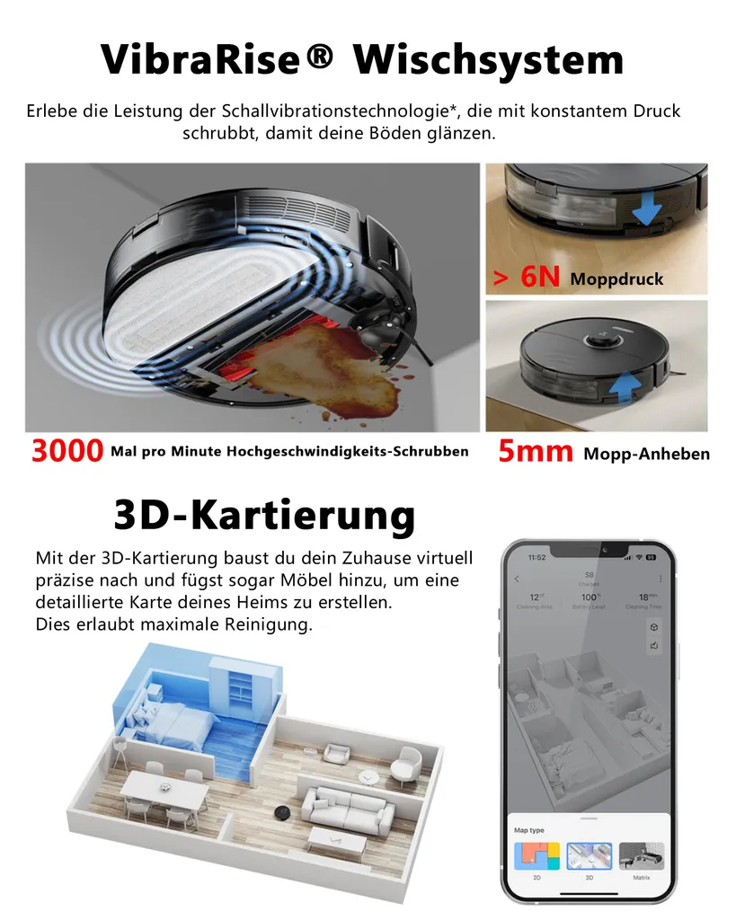 Roborock S8 Staubsauger Roboter 6000Pa Mit DuoRoller-Bürste VibraRise Wischen 3D-Mapping 3D-Strukturiertes Licht LiDAR Kindersicherung APP Control Saugroboter (Schwarz) (Upgrade S7) 4 Roborock S8 Staubsauger Roboter 6000Pa Mit DuoRoller-Bürste VibraRise Wischen 3D-Mapping 3D-Strukturiertes Licht LiDAR Kindersicherung APP Control Saugroboter (Schwarz) (Upgrade S7) – Bild 4