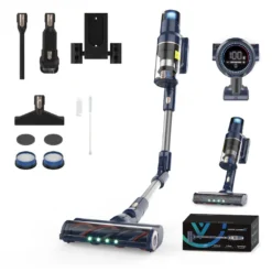 VICSONIC S7 Akku Staubsauger, 30000PA/480W Starke Saugleistung Staubsauger Kabellos Bis Zu 65 Min Laufzeit, 7-in-1 Staubsauger Beutellos, Smartes Touch Display, 180 ° Faltbar, 4 Leistungstufe, Blau