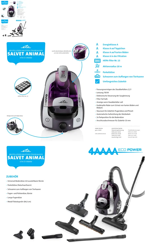 Bodenstaubsauger Ohne Beutel ETA Salvet Animal Artikel-Nr.: ETA151390000 Beutelloser Staubsauger ETA Salvet Animal Mit Dem ECO Motor, Extrem Wirksame Filtrierung Und Reiches Zubehör. 9 Bodenstaubsauger Ohne Beutel ETA Salvet Animal Artikel-Nr.: ETA151390000 Beutelloser Staubsauger ETA Salvet Animal Mit Dem ECO Motor, Extrem Wirksame Filtrierung Und Reiches Zubehör. – Bild 9