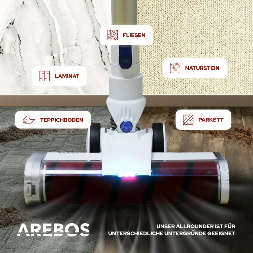 AREBOS Akku Staubsauger, 2-in-1 Hand- Und Bodenstaubsauger, 2 Leistungsstarke Saugmodi, Beutellos, Kabellos Bis Zu 55 Minuten, Mit Wandladestation, Weiß 3 AREBOS Akku Staubsauger, 2-in-1 Hand- Und Bodenstaubsauger, 2 Leistungsstarke Saugmodi, Beutellos, Kabellos Bis Zu 55 Minuten, Mit Wandladestation, Weiß – Bild 3