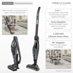 ProfiCare 2 In 1 Hand-und Bodenstaubsauger PC-BS 3035 A, Praktische Ladestation Inkl. Zubehörhalterung, Leistungsstarker 14,8 V Lithium Ionen Akku, Turbo Rotation, HEPA-Filter, Anthrazit-blau -Besten Staubsauger Geschäft 7b09c28803a5a45f27053b32e2e94d5e