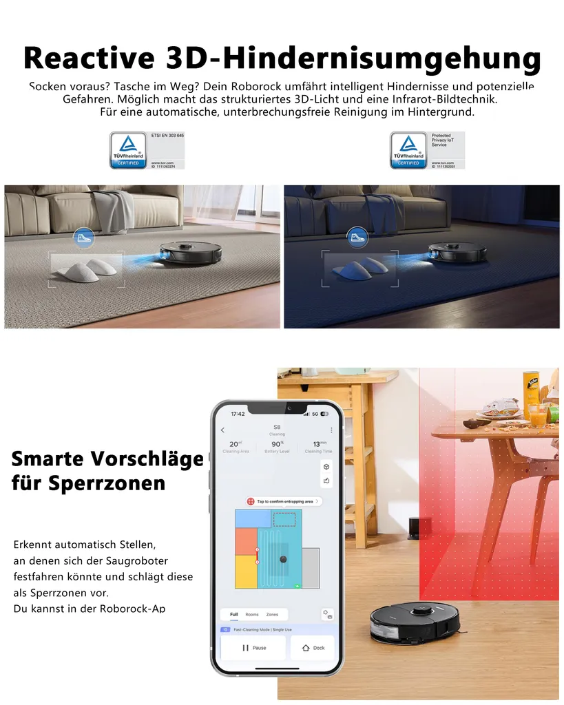 Roborock S8 Staubsauger Roboter 6000Pa Mit DuoRoller-Bürste VibraRise Wischen 3D-Mapping 3D-Strukturiertes Licht LiDAR Kindersicherung APP Control Saugroboter (Schwarz) (Upgrade S7) 5 Roborock S8 Staubsauger Roboter 6000Pa Mit DuoRoller-Bürste VibraRise Wischen 3D-Mapping 3D-Strukturiertes Licht LiDAR Kindersicherung APP Control Saugroboter (Schwarz) (Upgrade S7) – Bild 5