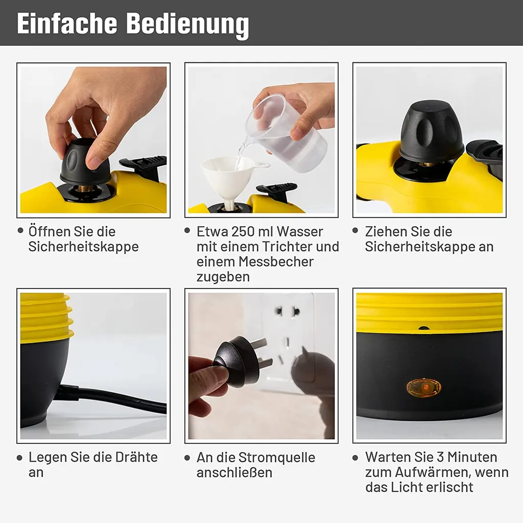 COSTWAY Handdampfreiniger Inkl. 9 Zubehörteil 3 Bar/350ml/1050W/3-5min Aufheizzeit Dampfreiniger Handgerät Gelb 4 COSTWAY Handdampfreiniger Inkl. 9 Zubehörteil 3 Bar/350ml/1050W/3-5min Aufheizzeit Dampfreiniger Handgerät Gelb – Bild 4
