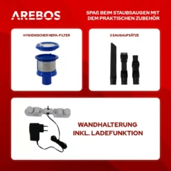 AREBOS Akku Staubsauger, 2-in-1 Hand- Und Bodenstaubsauger, 2 Leistungsstarke Saugmodi, Beutellos, Kabellos Bis Zu 55 Minuten, Mit Wandladestation, Weiß 17 AREBOS Akku Staubsauger, 2-in-1 Hand- Und Bodenstaubsauger, 2 Leistungsstarke Saugmodi, Beutellos, Kabellos Bis Zu 55 Minuten, Mit Wandladestation, Weiß -Besten Staubsauger Geschäft 9a9529cfcec03bfac4f33585a8c94dcf