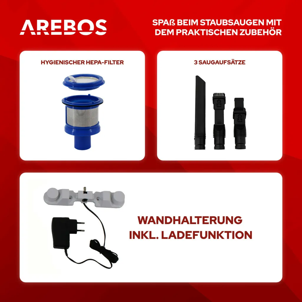 AREBOS Akku Staubsauger, 2-in-1 Hand- Und Bodenstaubsauger, 2 Leistungsstarke Saugmodi, Beutellos, Kabellos Bis Zu 55 Minuten, Mit Wandladestation, Weiß 7 AREBOS Akku Staubsauger, 2-in-1 Hand- Und Bodenstaubsauger, 2 Leistungsstarke Saugmodi, Beutellos, Kabellos Bis Zu 55 Minuten, Mit Wandladestation, Weiß – Bild 7