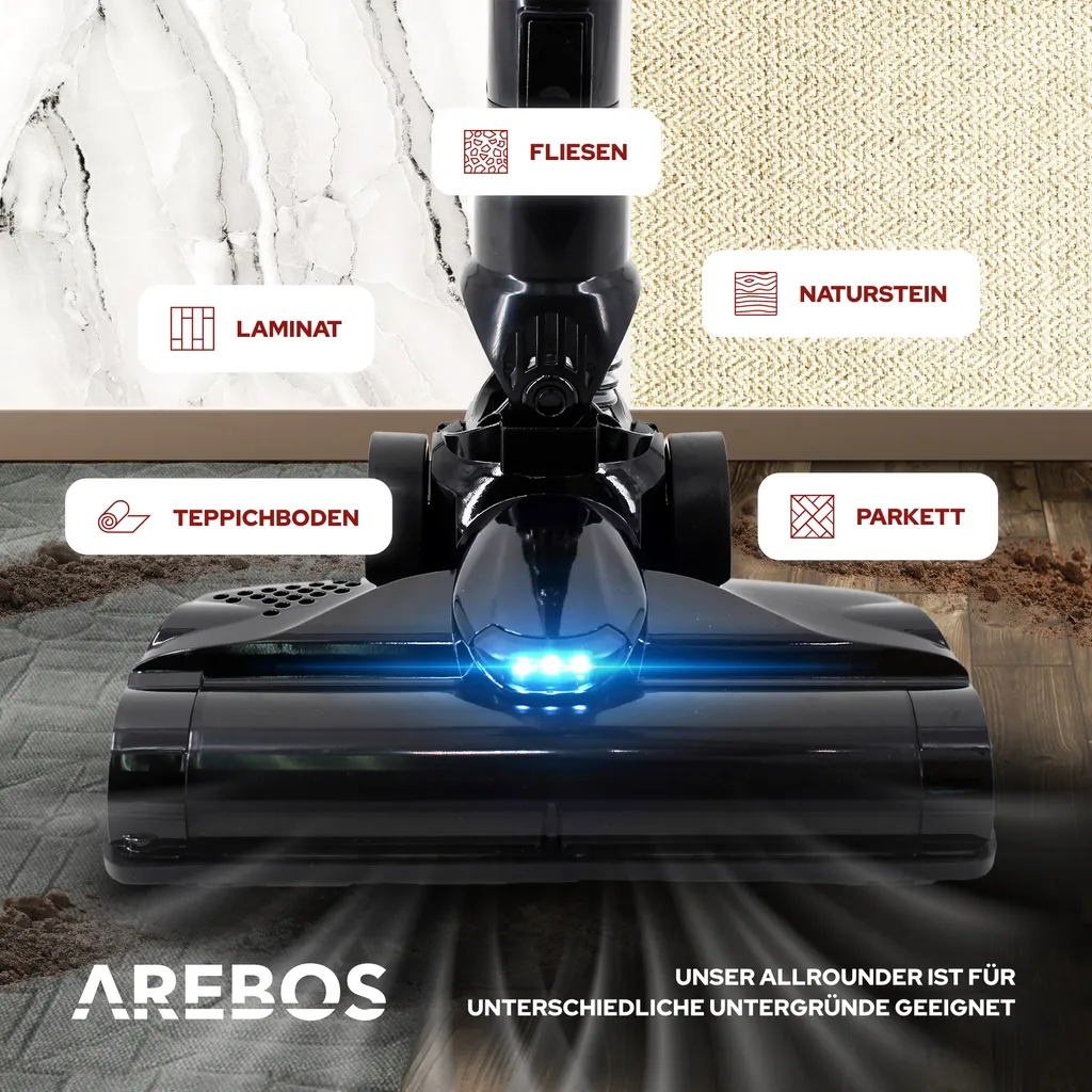 AREBOS Akku Staubsauger, 2-in-1 Hand- Und Bodenstaubsauger, 2 Leistungsstarke Saugmodi, Beutellos, Kabellos Bis Zu 55 Minuten, Mit Wandladestation, Schwarz 3 AREBOS Akku Staubsauger, 2-in-1 Hand- Und Bodenstaubsauger, 2 Leistungsstarke Saugmodi, Beutellos, Kabellos Bis Zu 55 Minuten, Mit Wandladestation, Schwarz – Bild 3