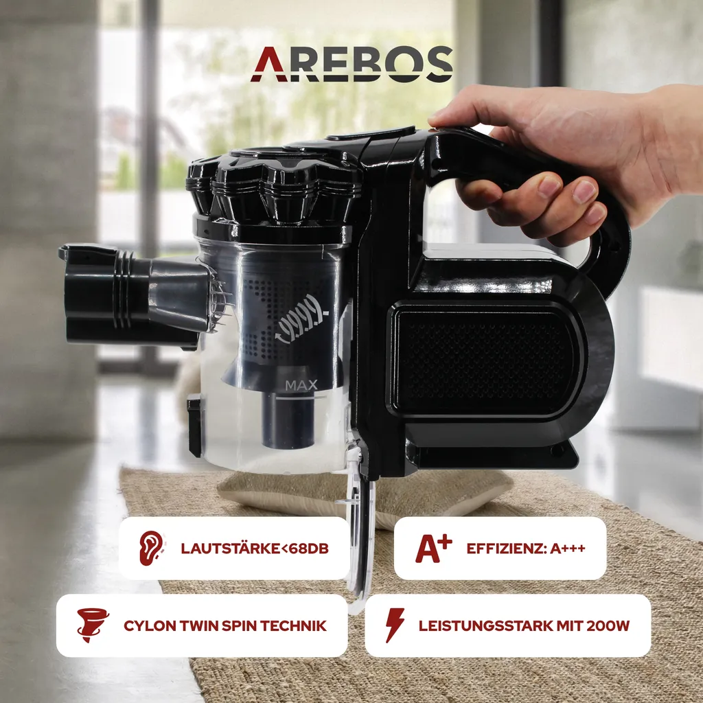 AREBOS Akku Staubsauger, 2-in-1 Hand- Und Bodenstaubsauger, 2 Leistungsstarke Saugmodi, Beutellos, Kabellos Bis Zu 55 Minuten, Mit Wandladestation, Schwarz 6 AREBOS Akku Staubsauger, 2-in-1 Hand- Und Bodenstaubsauger, 2 Leistungsstarke Saugmodi, Beutellos, Kabellos Bis Zu 55 Minuten, Mit Wandladestation, Schwarz – Bild 6
