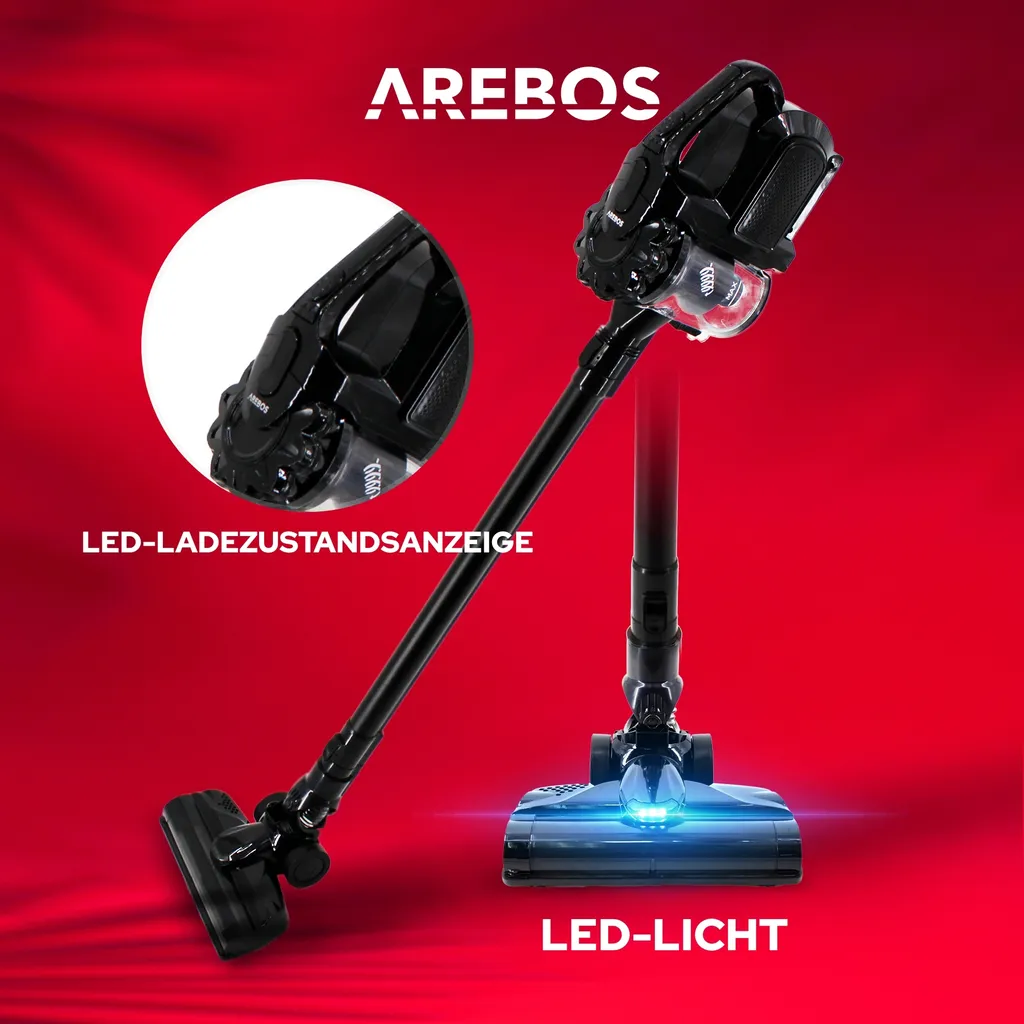 AREBOS Akku Staubsauger, 2-in-1 Hand- Und Bodenstaubsauger, 2 Leistungsstarke Saugmodi, Beutellos, Kabellos Bis Zu 55 Minuten, Mit Wandladestation, Schwarz 4 AREBOS Akku Staubsauger, 2-in-1 Hand- Und Bodenstaubsauger, 2 Leistungsstarke Saugmodi, Beutellos, Kabellos Bis Zu 55 Minuten, Mit Wandladestation, Schwarz – Bild 4