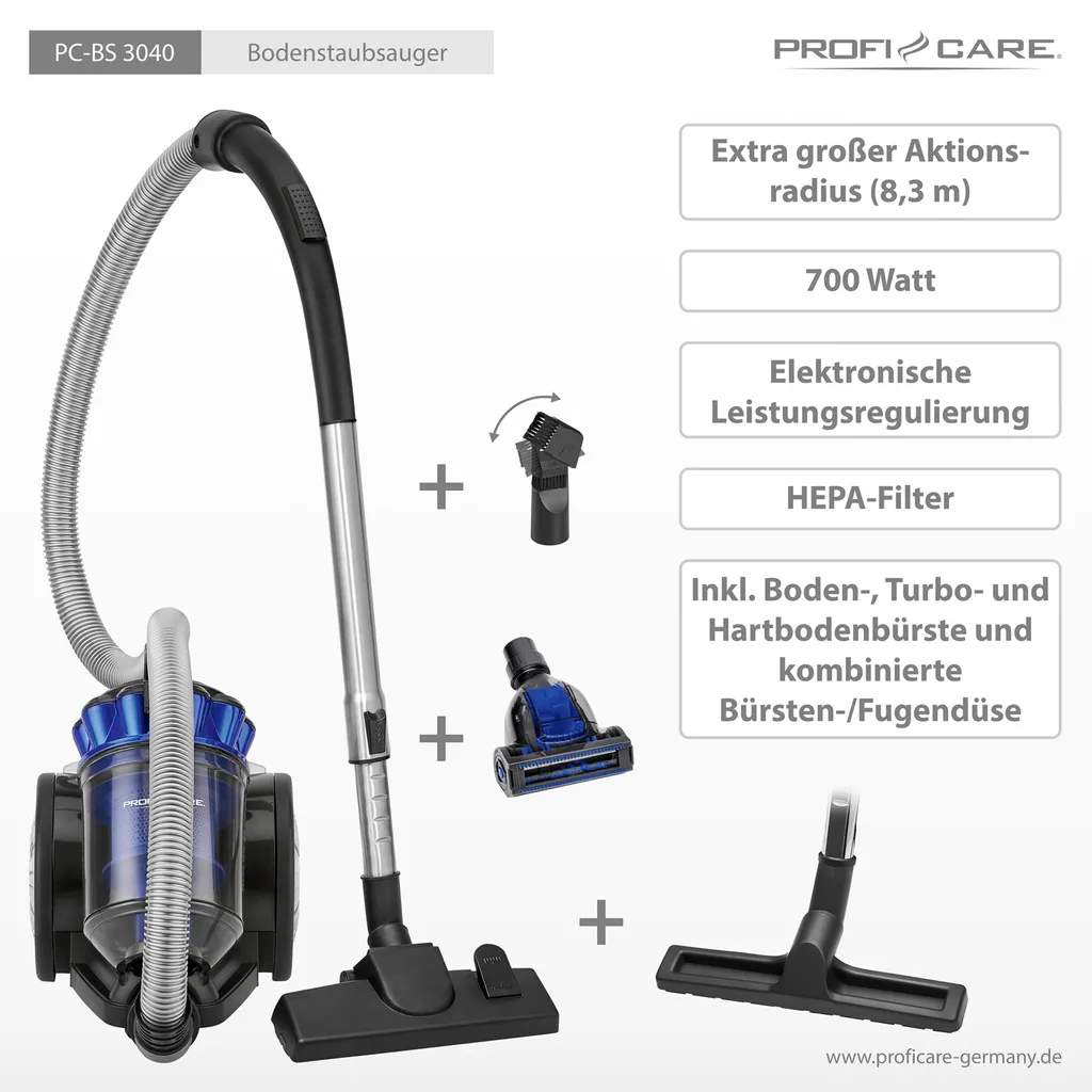 ProfiCare Bodenstaubsauger PC-BS 3040, Eco-Cyclon Twin-Spin Bodenstaubsauger, Beutellose Filtertechnik, 4-Fach Mikrofiltersystem, HEPA-Filter, Edelstahl-Teleskoprohr (höhenverstellbar), Extra Großer Aktionsradius (8,3 M), 700 Watt, Blau-schwarz 11 ProfiCare Bodenstaubsauger PC-BS 3040, Eco-Cyclon Twin-Spin Bodenstaubsauger, Beutellose Filtertechnik, 4-Fach Mikrofiltersystem, HEPA-Filter, Edelstahl-Teleskoprohr (höhenverstellbar), Extra Großer Aktionsradius (8,3 M), 700 Watt, Blau-schwarz – Bild 11