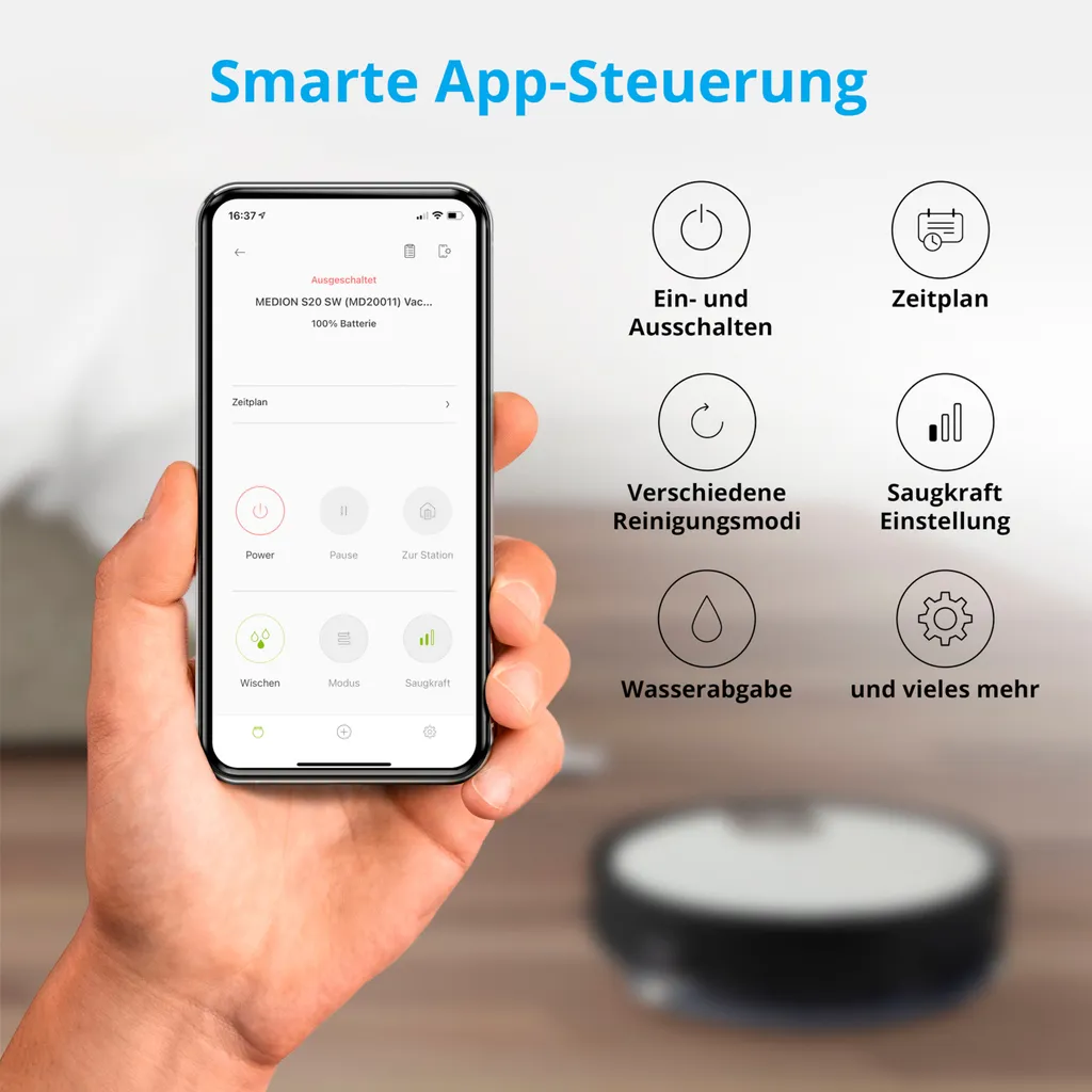 MEDION Saugroboter Mit Wischfunktion Und Zyklon Technologie S20 SW (Alexa App Steuerung, Modell 2021, Extra Flach, Regulierbare Wasserabgabe, Ladestation, Tierhaar Allergiker Optimiert) 3 MEDION Saugroboter Mit Wischfunktion Und Zyklon Technologie S20 SW (Alexa App Steuerung, Modell 2021, Extra Flach, Regulierbare Wasserabgabe, Ladestation, Tierhaar Allergiker Optimiert) – Bild 3